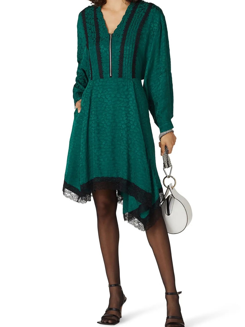 Koché Jacquard Emerald Green Asymmetrical Animal Print Dress w/ Black Lace Trim